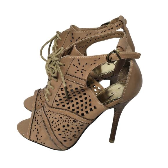 Naughty Monkey Heaven On Earth Tan Lace Lasercut Peep Toe Heels 8 - Picture 3 of 7